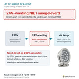 Let op: 24V-voeding niet meegeleverd - aansluitschema 230V naar 24V-voeding naar 4 onderwaterlampen