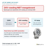 Let op: 24V-voeding niet meegeleverd - aansluitschema 230V naar 24V-voeding naar 4 onderwaterlampen
