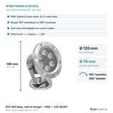 Afmetingen LED onderwaterlamp 6W: Ø120 x 140 mm, lichtvlak Ø76 mm, beugel kantelbaar