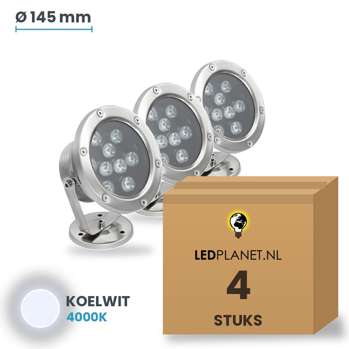 Doos met 4 stuks LED onderwaterlamp 9W, lichtkleur koelwit 4000K