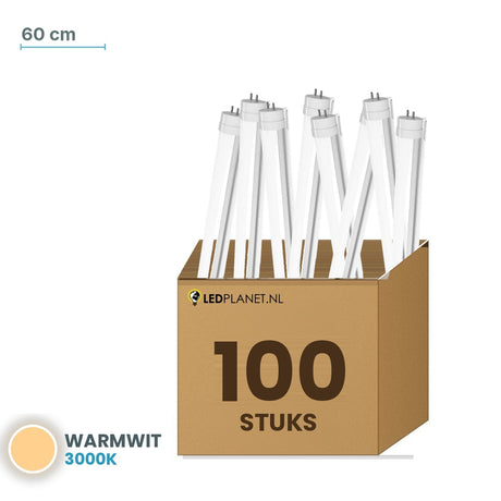 Set van 100 stuks LED TL buis T8 60 cm - Warmwit 3000K - in LEDPLANET doos