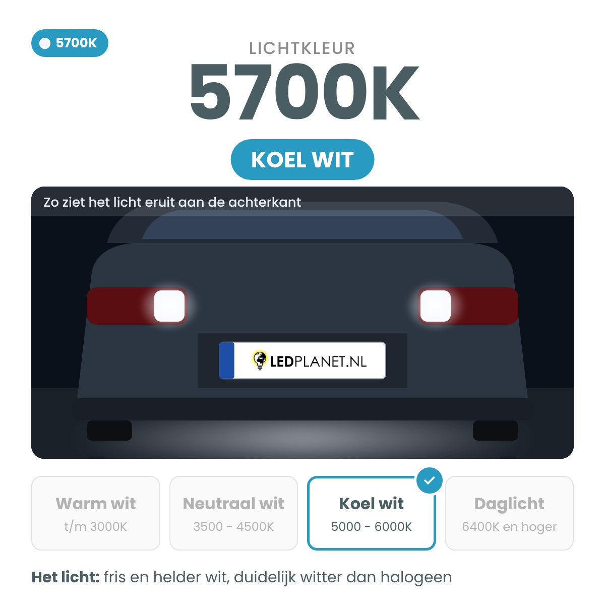 Lichtkleur 5700K koel wit: zo ziet het licht eruit aan de achterkant van de auto