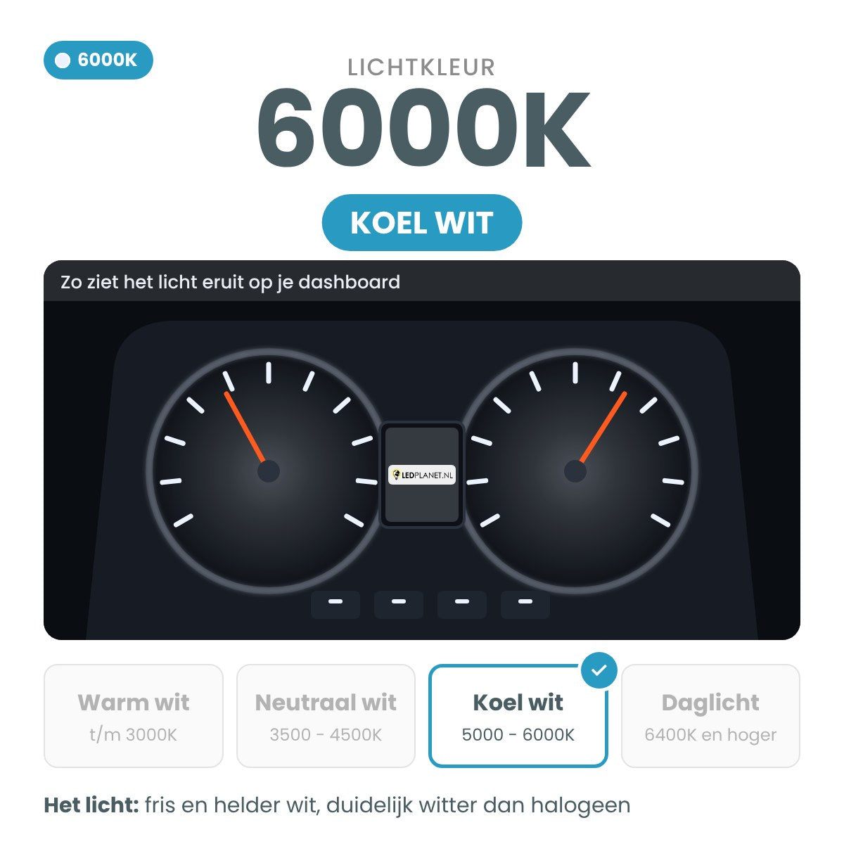 Lichtkleur 6000K koel wit: zo ziet het licht eruit op het dashboard