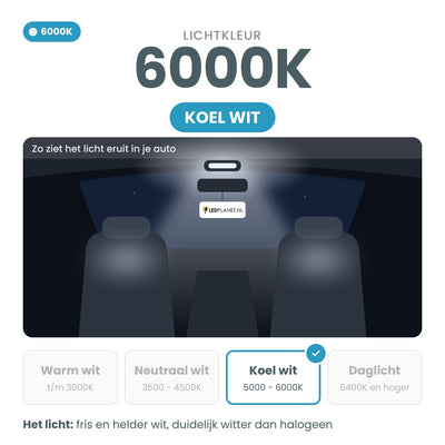 Lichtkleur 6000K koel wit: zo ziet het licht eruit in het interieur van de auto
