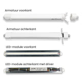 LED Feuchtraumleuchte Tri-Proof 1200mm 36W - Leuchte und LED-Modul Vorder- und Rückseite