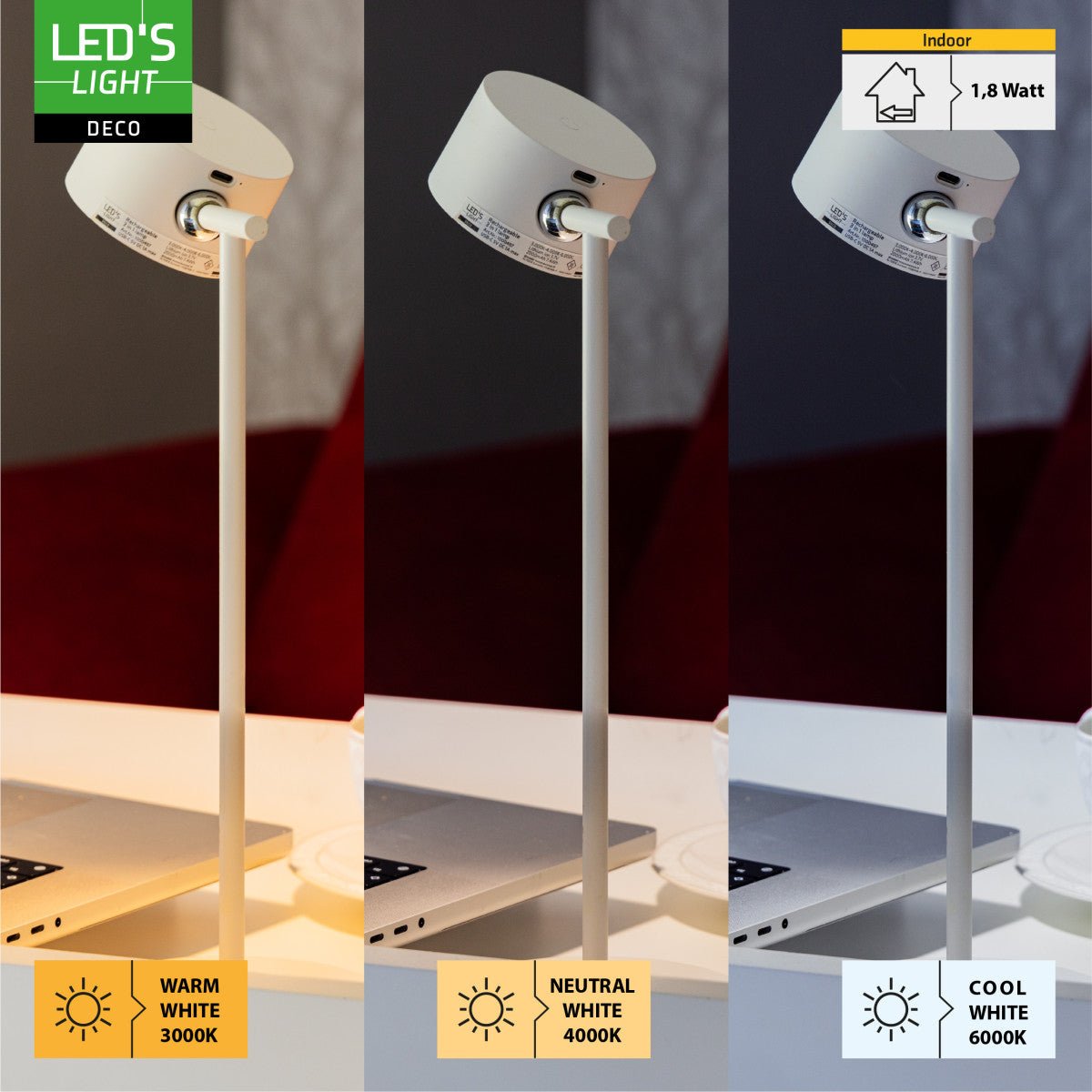 3-in-1-LED-Lampe, kabellos und wiederaufladbar, mit magnetischer Wandhalterung, Fuß und Klemme – Weiß