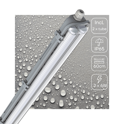 LED-Doppelleuchte, feuchtigkeitsbeständig, 60 cm – 2220 Lumen – 12 W – Kaltweiß (4000 K) – Schutzart IP65 – IK08 – Inkl. 2 LED-Röhren