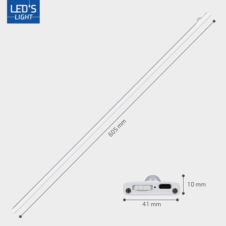 LED-Schrankleuchte mit Sensor, 60 cm – 200 Lumen – 3 W – 3 Lichtfarbenmodi (Warmweiß 3000 K / Kaltweiß 4000 K / Tageslichtweiß 6500 K) – dimmbar – wiederaufladbar – kabellos – Schwenk- und Bewegungssensor – USB-C