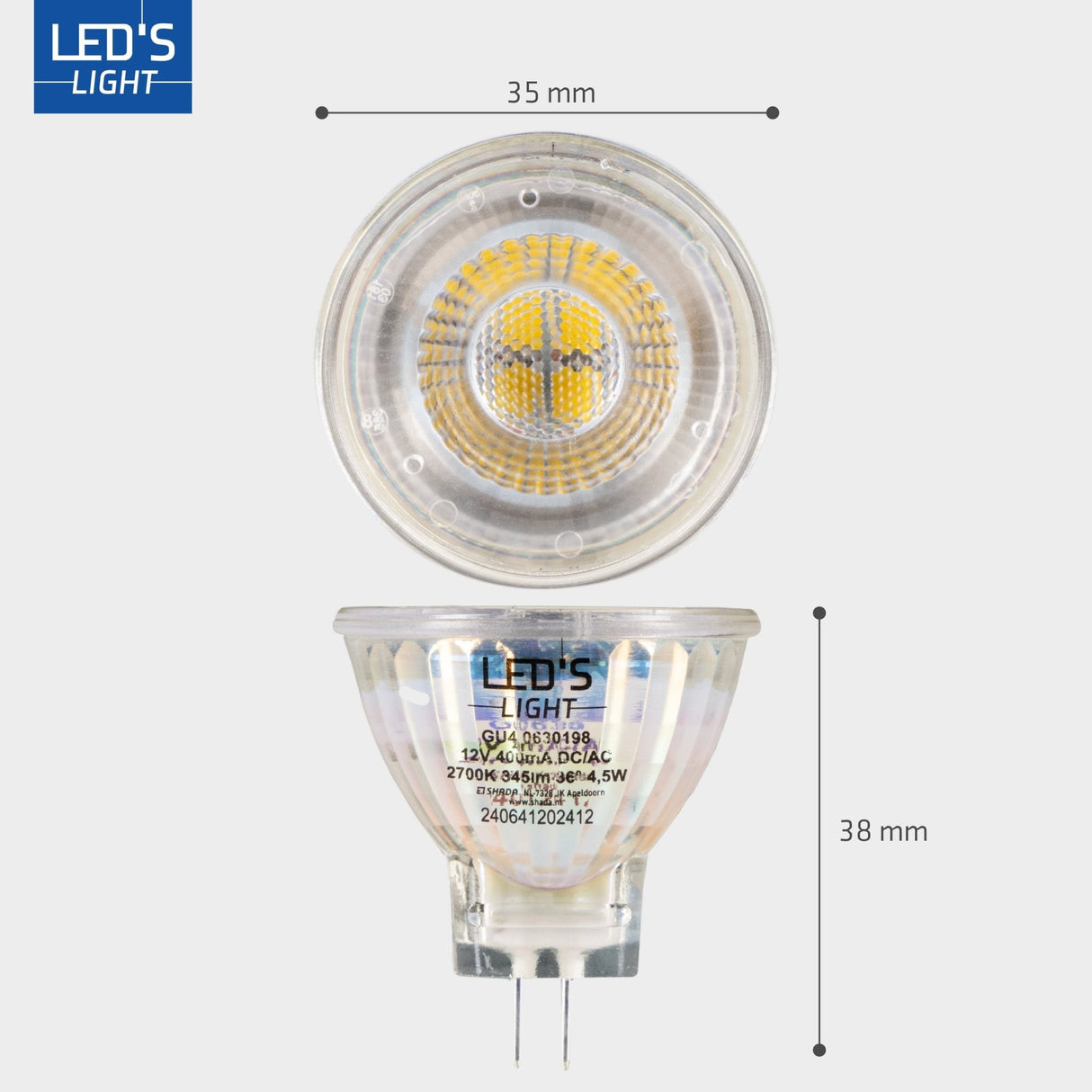 LED Spot 345 lumen - 4,5W - Warmwit 2700K - GU4 - MR11 - 12V DC - Dimbaar - Vervangt 35W Halogeen - CRI 90