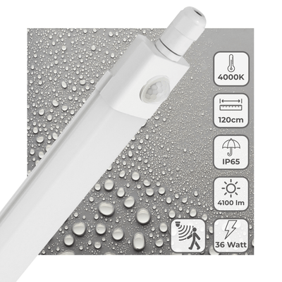 LED Moisture-Resistant Fixture 120cm - 4100 Lumen - 36W - Cool White 4000K - PIR Motion Sensor - IP65 - 230V