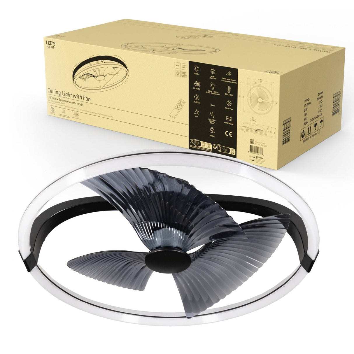 Plafondventilator met Verlichting - 74cm - Dimbaar - Afstandsbediening - Extra Warmwit en Koelwit - Zwart