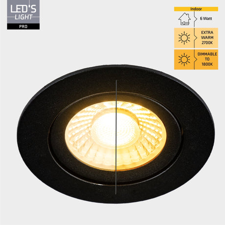 LED Inbouwspot Zwart - 530 Lumen - 6W - Dim-to-Warm 2700K-1800K - Kantelbaar - IP54 Spatwaterdicht - 68-75mm