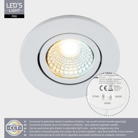 Spot LED encastrable 400 lumens - 3.5W - Blanc chaud 2700K / Blanc froid 4000K / Blanc lumière du jour 6000K - IP65 - Variable - Blanc - 3 pièces