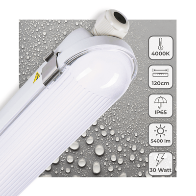 LED TL Fixture Pro IP65 5400 Lumen - 30W - 4000K Cool White - 120cm - Waterproof - With Wire Loop
