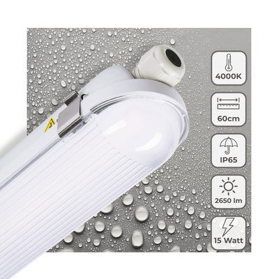 LED Moisture-Resistant Fixture - 2650 Lumen - 15W - Cool White 4000K - IP65 - 60cm