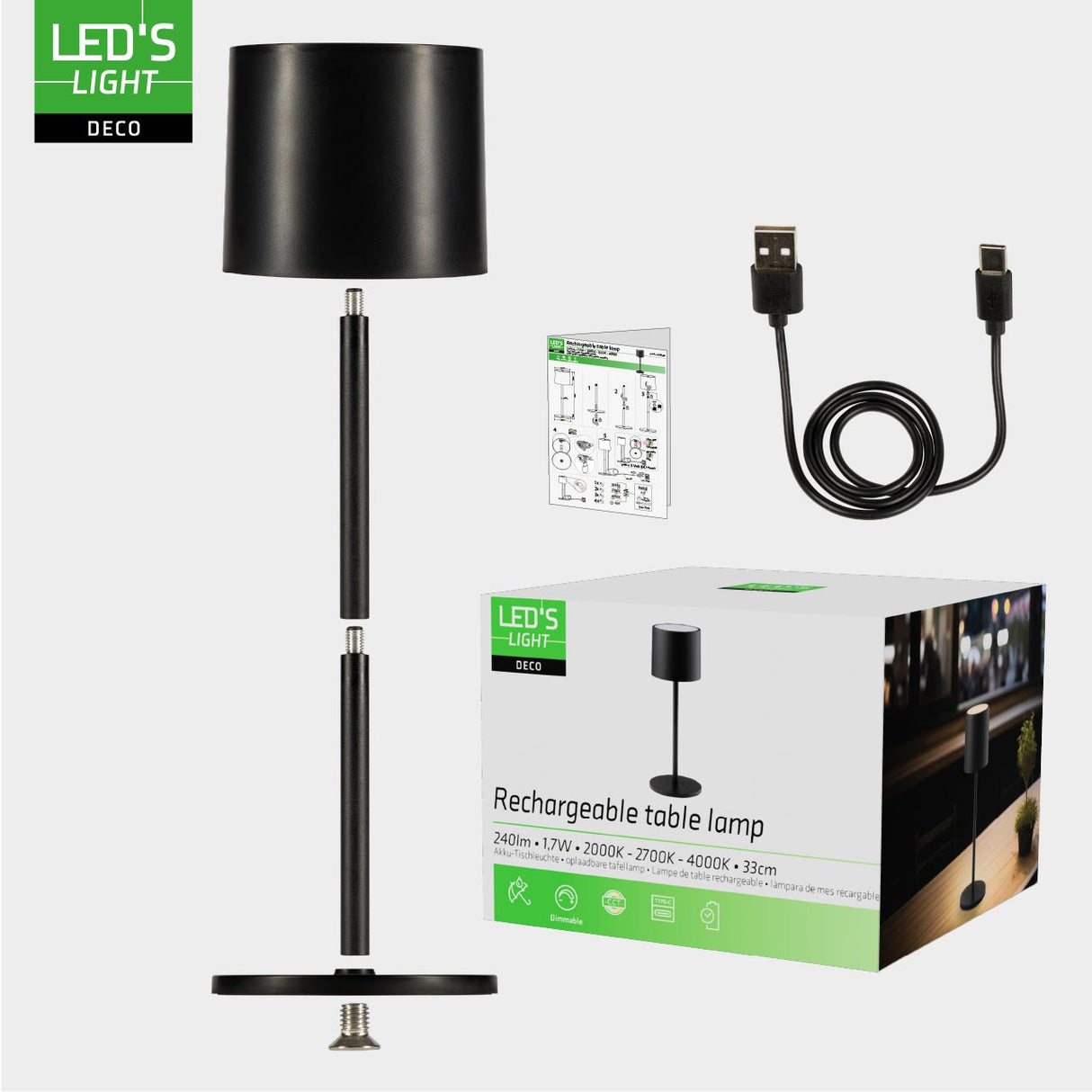 LED's Light Tischleuchte mit Akku - wiederaufladbar und kabellos - für drinnen und draußen - 3 Lichtfarben - Schwarz