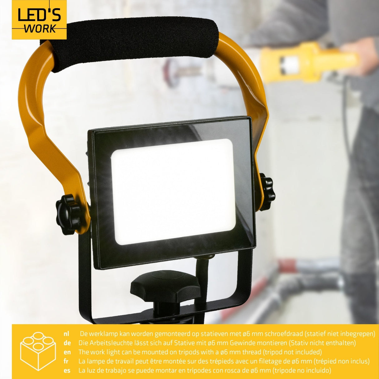 LED's Work Bouwlamp Werklamp 2000 - Verstelbare beugel - Waterdicht (IP65) - Zwart geel - Bedraad