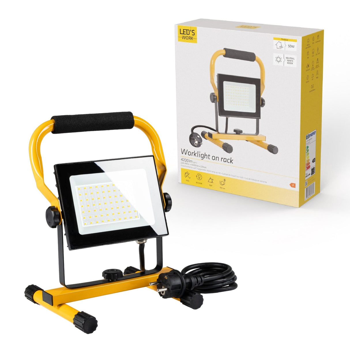 LED's Work 50W Bouwlamp Werklamp Bedraad 4200lm - Verstelbare beugel - Waterdicht (IP65) - Zwart geel