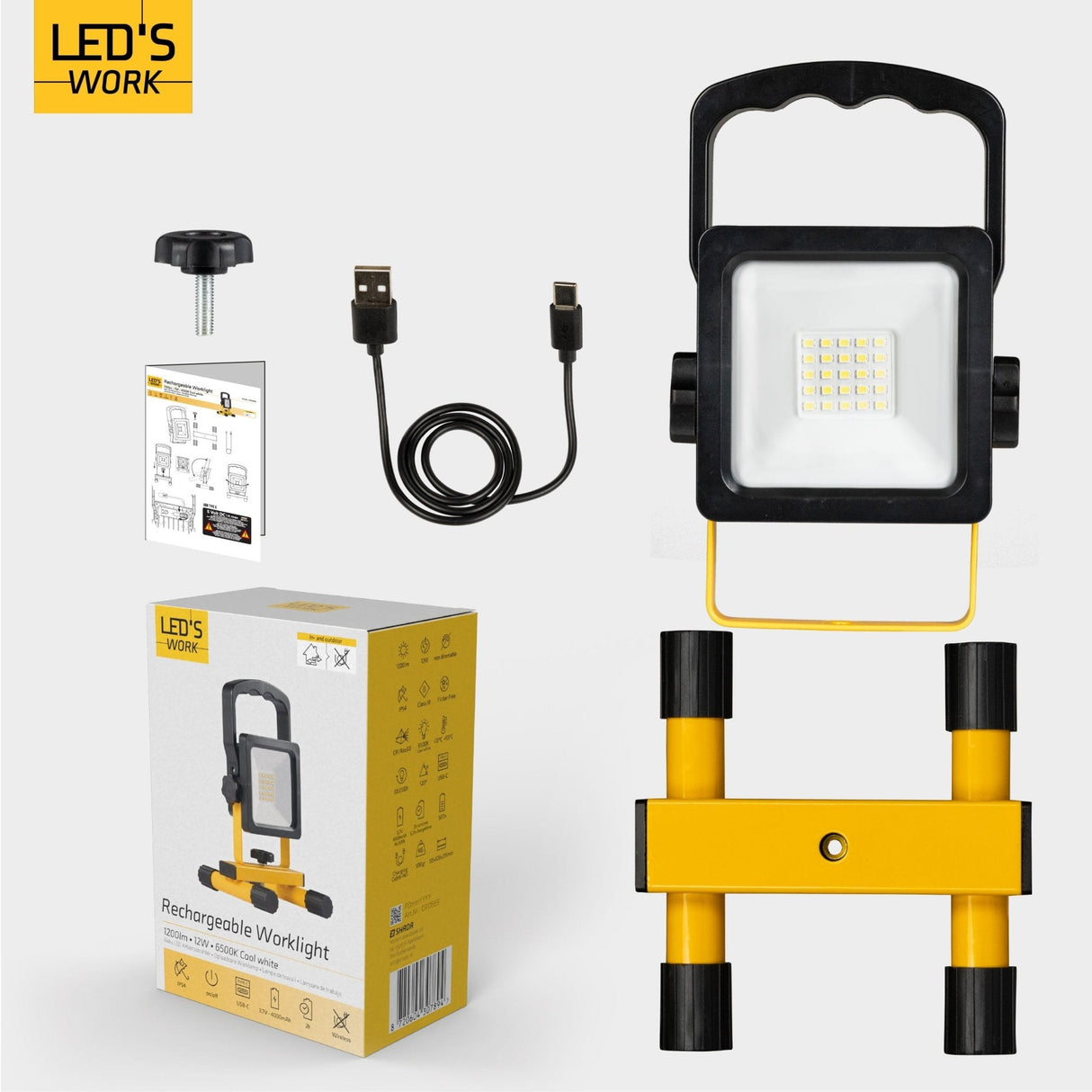 LED's Work draadloze LED Bouwlamp op accu 1200 - Oplaadbaar en kantelbaar - Zwart geel