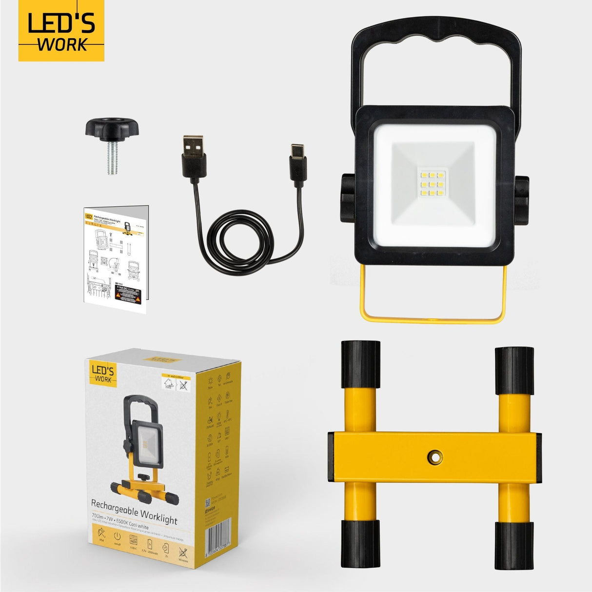 LED's Work draadloze LED Bouwlamp op accu 700 - Oplaadbaar en kantelbaar - Zwart geel