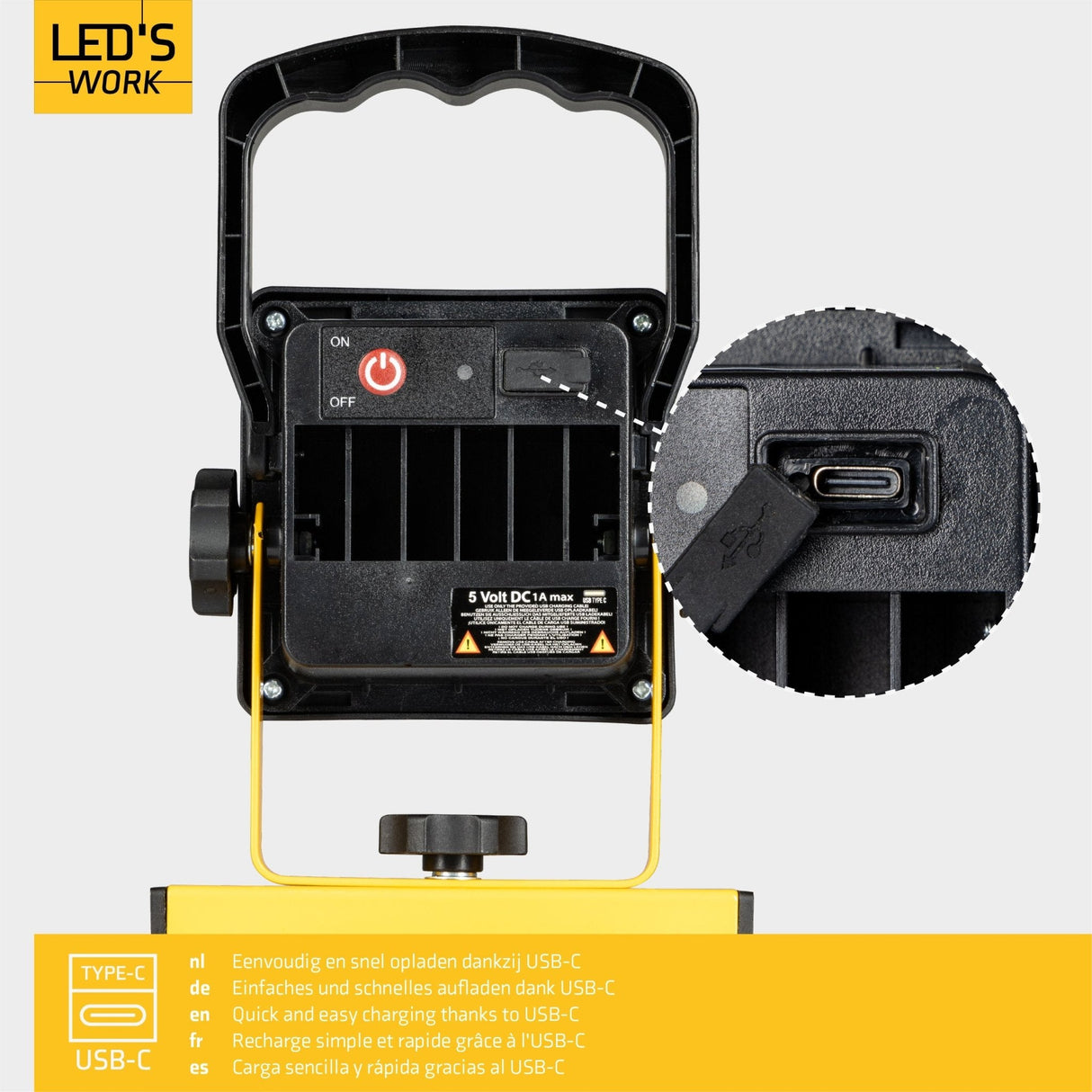LED's Work draadloze LED Bouwlamp op accu 700 - Oplaadbaar en kantelbaar - Zwart geel