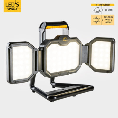Wiederaufladbare LED-Baustelleleuchte (USB-C) – 30 Watt – 3000 Lumen – Dimmbar – Kaltweiß (4000 K) – Schutzart IP54/IK06 – Akkubetrieben
