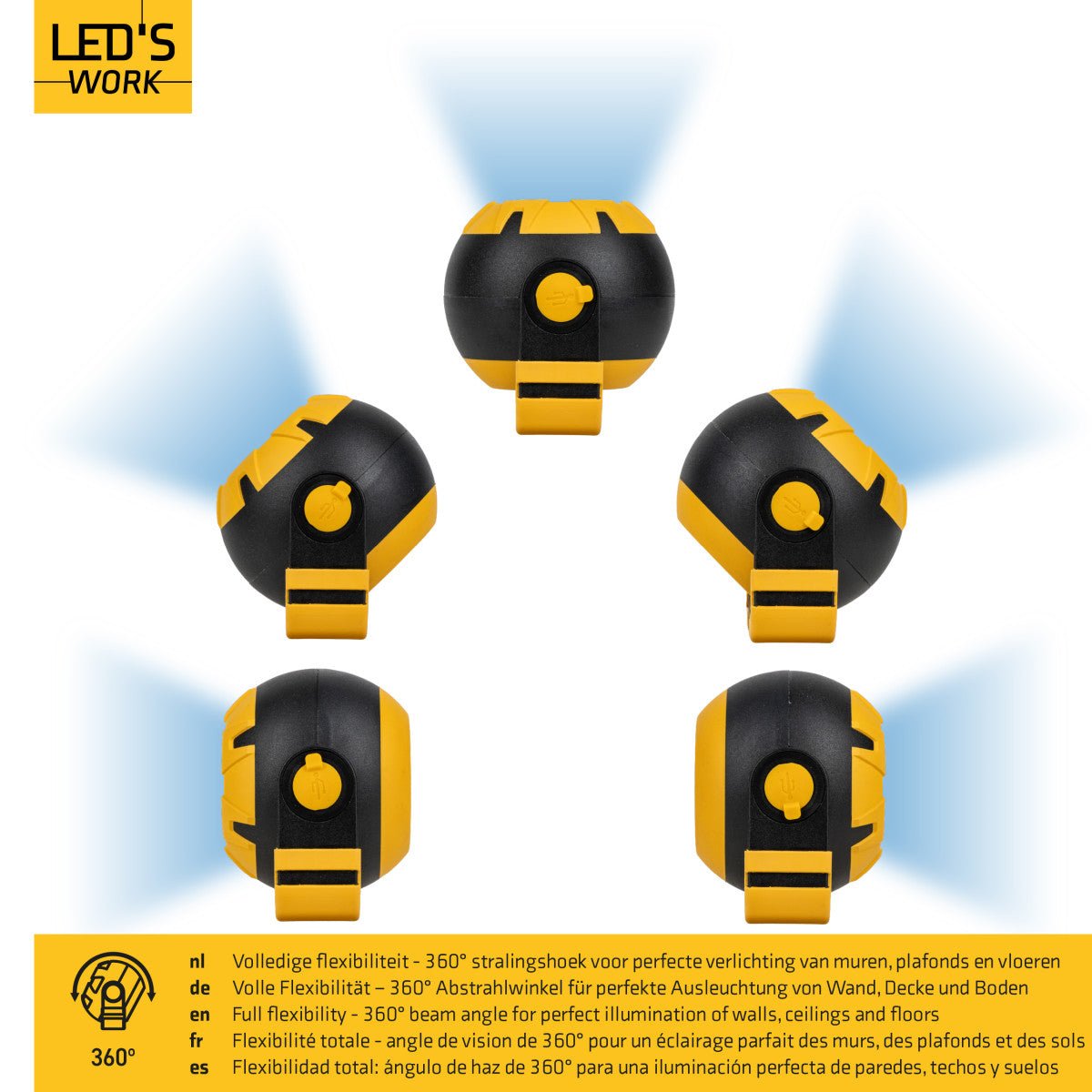 LED's Work Oplaadbare LED Looplamp - Werkt draadloos op accu - 10 x 10 cm