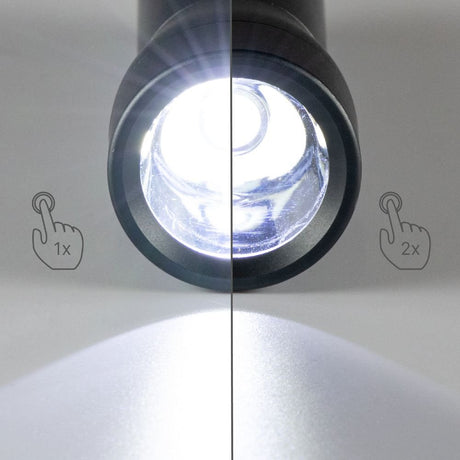 LED-Arbeitstaschenlampe mit Batterien (3x AAA) – 120 Lumen – IPX4 spritzwassergeschützt – Dimmbar in 3 Stufen