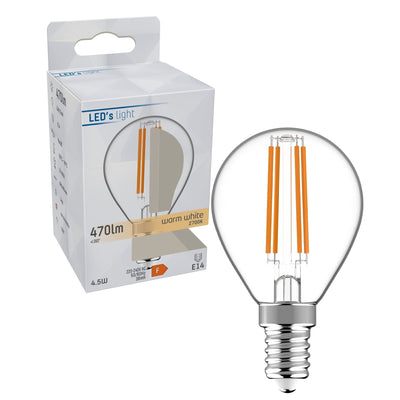 Lampadina LED a filamento E14, bianco caldo 2700 K - 4,5 W, 470 lumen - G45, vetro trasparente
