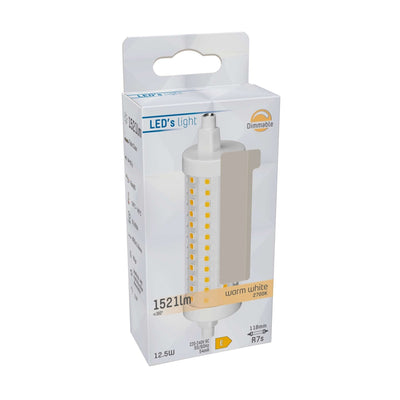 Ampoule LED tubulaire R7s à intensité variable, blanc chaud 2700K - 12.5W 1521 lumens - 118mm verre transparent
