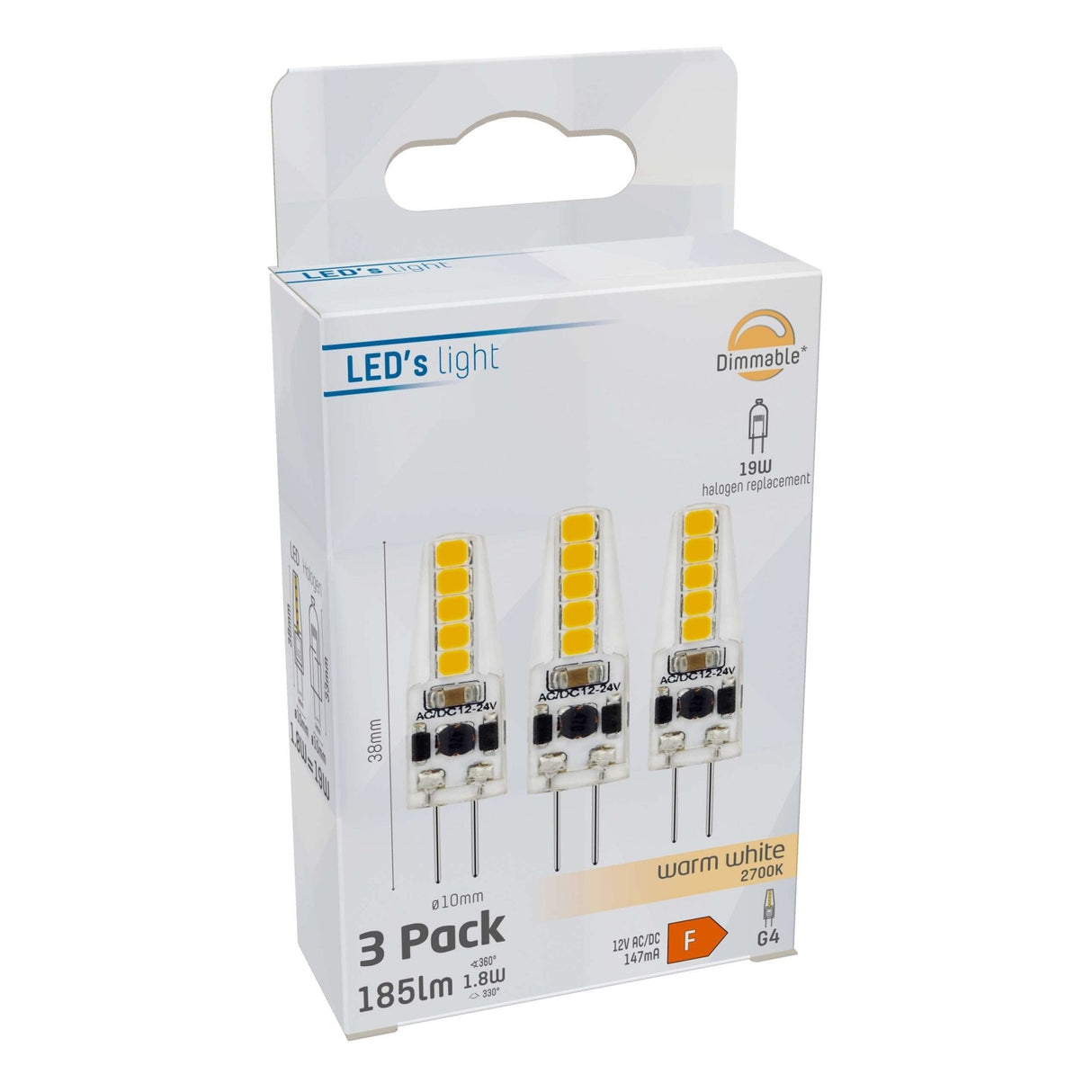 LED-Kapsel G4, 185 Lumen, 1,8 W, Warmweiß (2700 K), 12 V, dimmbar, Schutzart IP20, 3er-Pack