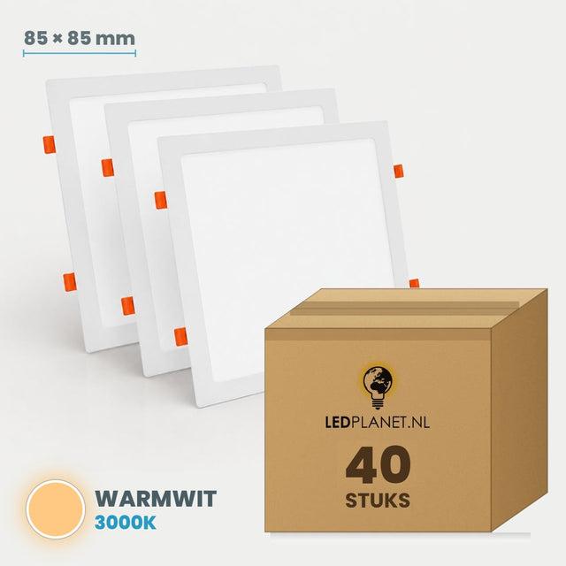 LED downlight vierkant 85 × 85 mm 3W, warmwit 3000K, doos 40 stuks