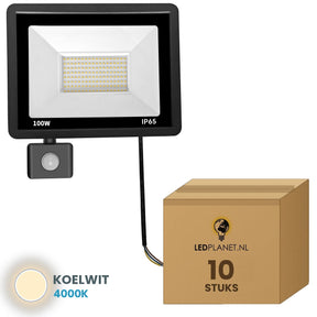 Doos met 10 stuks LED schijnwerper 100W met bewegingssensor, lichtkleur koelwit 4000K