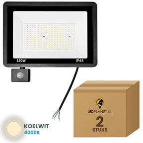 Doos met 2 stuks LED schijnwerper 150W met bewegingssensor, lichtkleur koelwit 4000K