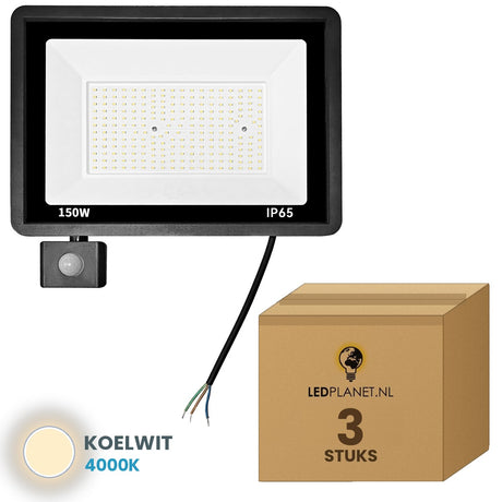 Doos met 3 stuks LED schijnwerper 150W met bewegingssensor, lichtkleur koelwit 4000K