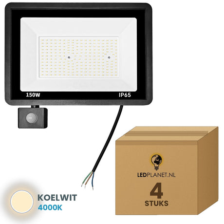 Doos met 4 stuks LED schijnwerper 150W met bewegingssensor, lichtkleur koelwit 4000K