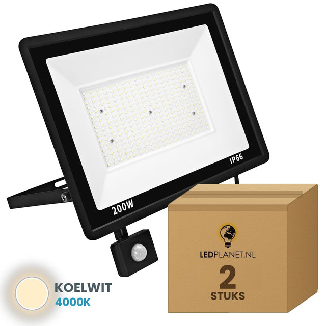 Doos met 2 stuks LED schijnwerper 200W met bewegingssensor, lichtkleur koelwit 4000K