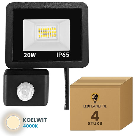 Doos met 4 stuks LED schijnwerper 20W met bewegingssensor, lichtkleur koelwit 4000K