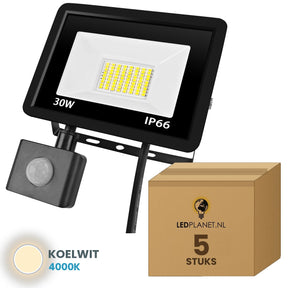 Doos met 5 stuks LED schijnwerper 30W met bewegingssensor, lichtkleur koelwit 4000K