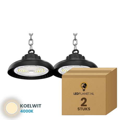 Doos met 2 stuks UFO LED high bay 100W, lichtkleur koelwit 4000K