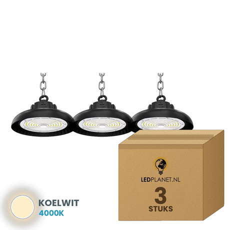 Doos met 3 stuks UFO LED high bay 100W, lichtkleur koelwit 4000K