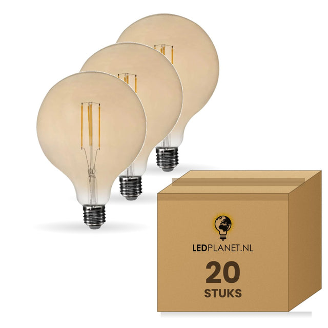 Gloeilamp E27 G125, LED 6W=60W, 500 Lumen, Amber 2200K, Dimbaar, doos 20 stuks, 230V