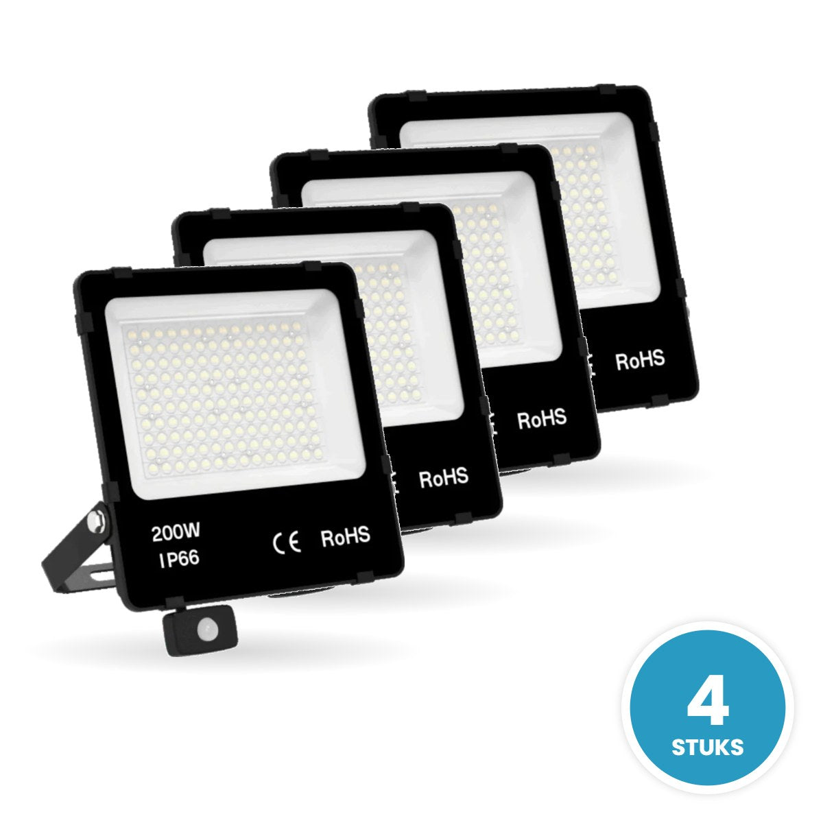LED Schijnwerper 200W, 30.000 lm, Bewegingssensor, 90°, IP66, 4 stuks
