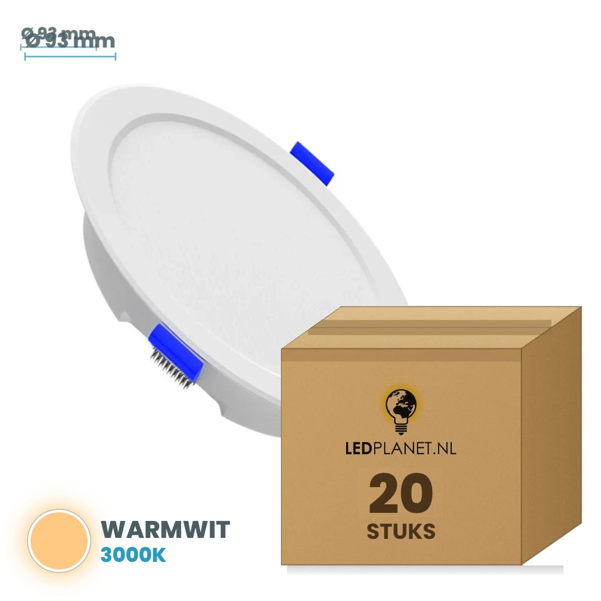 Set van 20 stuks LED Downlight Rond Ø93mm - Warmwit 3000K - in LEDPLANET doos