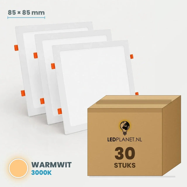 Set van 30 stuks LED Downlight Vierkant 85x85mm - Warmwit 3000K - in LEDPLANET doos