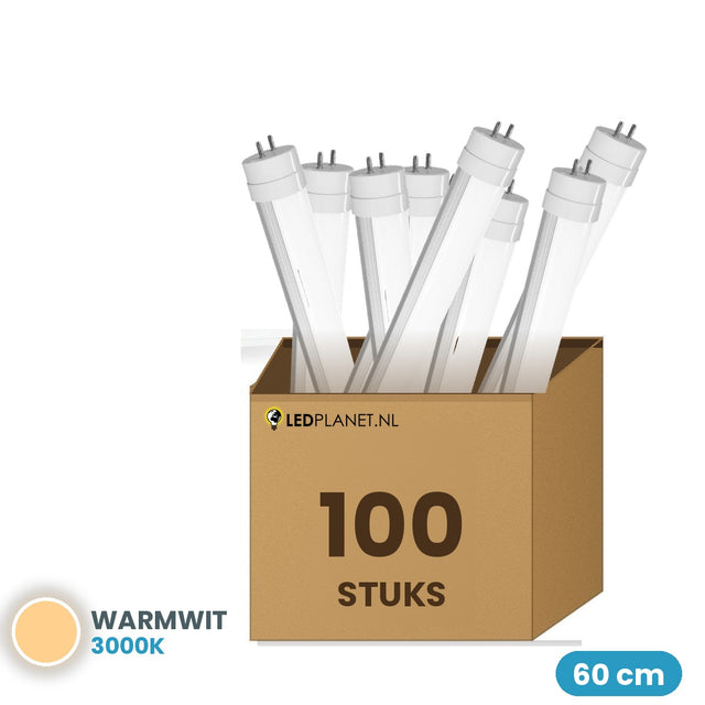 100 stuks LED TL buis T8 60cm 9W 1.170 lm Warmwit 3000K
