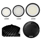 UFO LED High Bay formaten 100W, 150W en 200W, met koelribben aan de achterkant