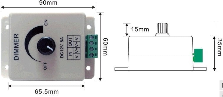 LED dimmer | PWM 12V/24V 8A | draaiknop | opbouw