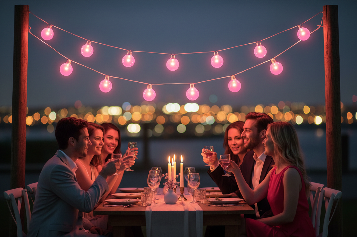 LED-lampen hangend op een terras met mensen die toosten, sfeervolle verlichting voor buitengebruik