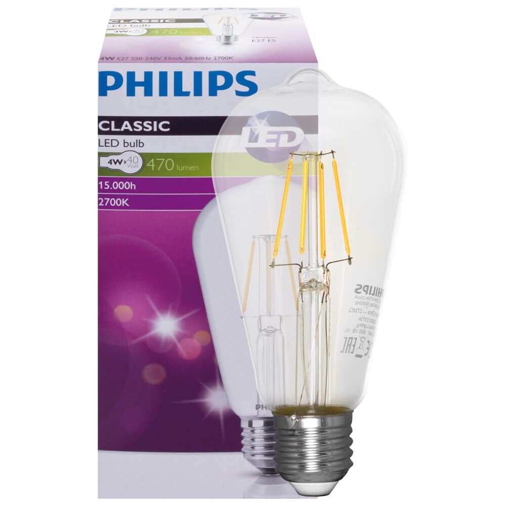 Philips E27 LED-Filamentlampe – Transparent – ​​Warmweißes Licht – 4 W ersetzt 40 W